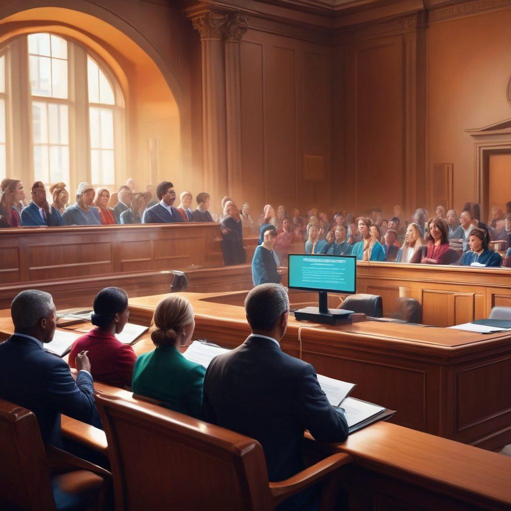 A dynamic courtroom scene with an alert notification popping up on a digital device, highlighting important court procedures and hearings. In the foreground, a diverse group of people, including a judge, lawyers, and spectators, actively engaging in the trial, with an emphasis on the tension and anticipation in the air. Bright alert icons like bells or exclamation marks in vibrant colors around the scene to signify urgency. super-realistic. vibrant colors. 3D.